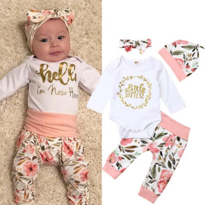 

US Infant Baby Girl Tops Romper Floral Long Pants Cotton Autumn Clothes 4PCS Set