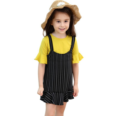 

Summer Baby Girl Flare Sleeve Solid Pattern Cotton T-shirt Blouse Mini Stripe Strap Skirts Casual Outfits Set 2019