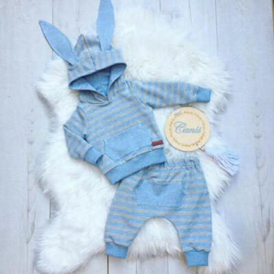 

US Baby Boy Girl Striped Rabbit Ears Hooded SweatshirtLong Pants Clothes 0-24M