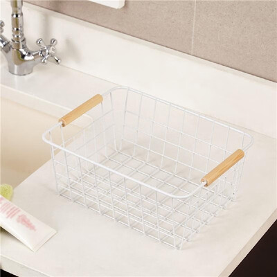 

Household Metal Wire Basket Bin Storage Organizer Container with Wooden Handles for Kitchen Bathroom Bedroom