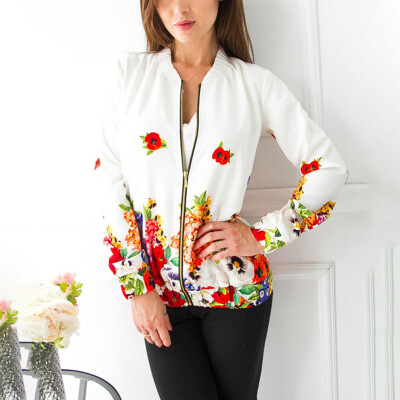 

Womens Floral Print Bomber Jacket Baseball Biker Coat Casual Slim Blazer Outwear