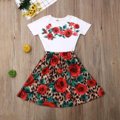 

CA Toddler Kids Baby Girl Flower T-Shirt Leopard Dress Outfits Clothes Summer