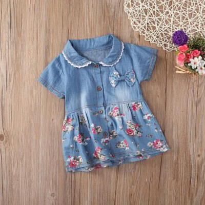 

Cute Baby Kids Girls Denim Floral Short Sleeve Dress Bowknot Sundress Skirt Outfits Clothes Set Gift