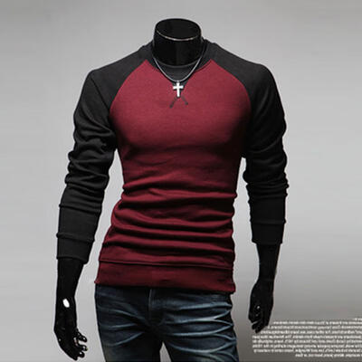 

Patchwork Color Round Neck Long Sleeve Pullover Mens T-Shirt Casual Color Stitching Male Tee Top