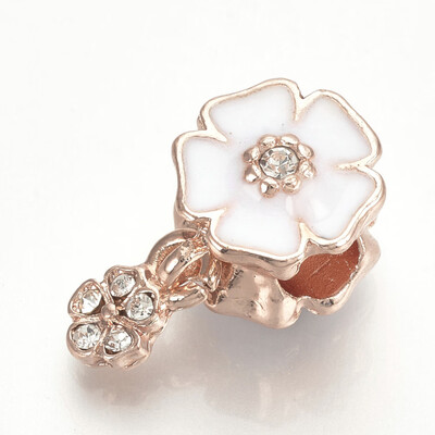 

Alloy Enamel European Dangle Beads with Rhinestones Large Hole Pendants Flower Rose Gold White 21x115x105mm