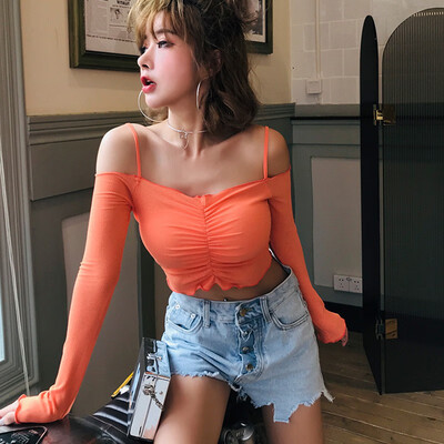 

Summer Sexy Off Shoulder Slash Neck T-Shirt Long Sleeve Spaghetti Strap Crop Top Tee 2 Color