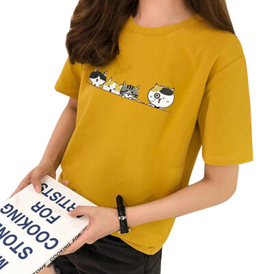 

T shirt Women Summer Four Little Cartoon Cat Print Short Sleeve O Neck Girl Tops Casual Loose Tee shirt Women Basic Daily