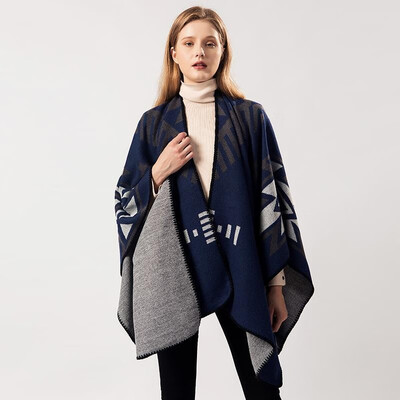 

Vintage Women Knitted Shawl Poncho Faux Cashmere Geometric Open Front Autumn Winter Warm Cape