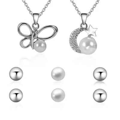 

Delicated Women Butter Fly Moon Star Pendant Necklace Girl Sparkling Rhinestone Chain with Pearl Earrings Gift Jewelry