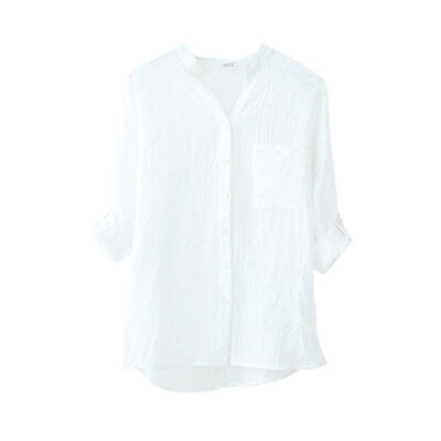 

Spring Women Shirt Cotton Linen Thin Loose Solid Color Stand Collar Tops