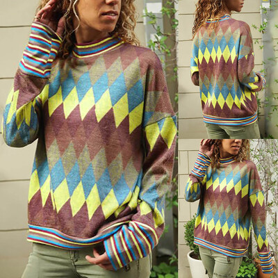 

Nomeni Fashion Women Long Sleeve Geometric Print Pullover Turtleneck Blouse T-Shirt Top