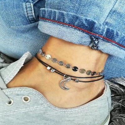 

European&American jewelry beach anklet personality copper sequin alloy moon double foot chain set