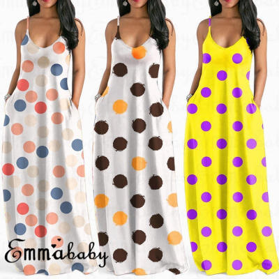 

Womens Polka Dot Dress Sling V Neck Beach Party Clubwear Long Dress Plus Size