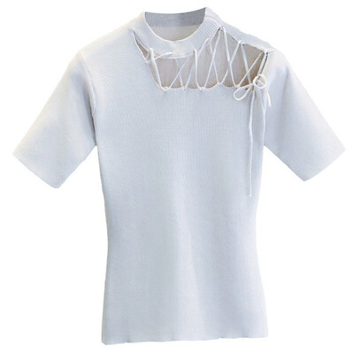 

Women V Neck Hollow Out Tops Shirt Short Sleeve Studded T Shirts Casual Blouse