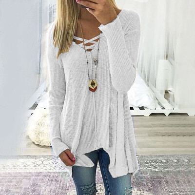 

Autumn Winter Women Casual Long Sleeve Sweaters V-neck Irregular Hem Tops Ladies Fashion Pure Color T-shirts Blouses