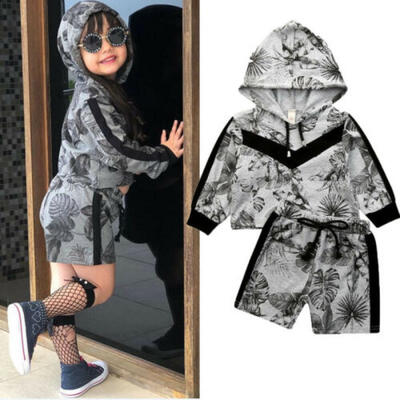 

2pcs Kid Baby Girl Outfit Hooded Pullover TopShort Pants Sport Clothes Set 0-4T