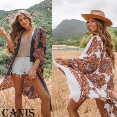 

Womens Boho Long Sleeve Lace Floral Kimono Cardigan Blouse Casual Tops