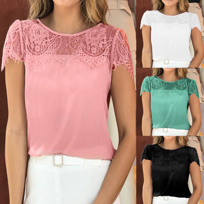 

Nomeni Womens Fashion Summer Solid Color Lace Short-Sleeved Shirt Loose T-Shirt Tops