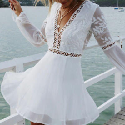 

New Fashion Women Casual V-Neck Long Sleeve Lace Trim Short Mini Dress Tops
