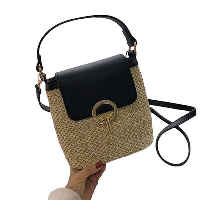 

Fashion Women Faux Leather Patchwork Beach Straw Tote Crossbody Sling Bucket Bag