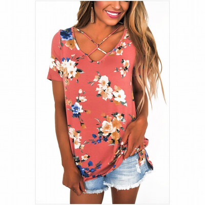 

Cross-shaped cross-belt V-neck short-sleeved casual shirt T-shirt top