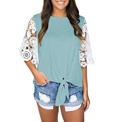 

Starmoon Women Casual O-neck Lace Stitching Half-Sleeve Bow Tie Casual Top