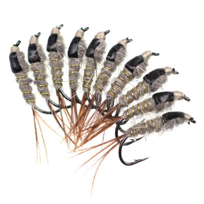 

New Hot 10 pcsset Avenger Fast Sinking Black back rabbit ear Wire Tungsten Bead Head Nymph Flies Trout Fly Fishing Lures 12