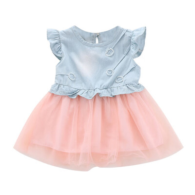 

Summer Casual Baby Girls Denim Patchwork Design Flare Sleeve Dress Kids Toddler Pageant Sundress