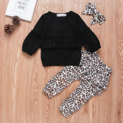 

Newborn Baby Girl Ruffle Tops Leopard Print Pants Headband Outfits Clothes Set