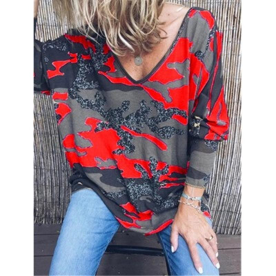 

2019 Europe&America AliExpress autumn wish hot new womens V-neck print long-sleeved T-shirt casual loose Europe XXXXL