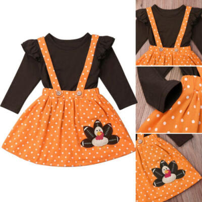 

Toddler Baby Girls Thanksgiving Clothes Ruffle Tops Strap Turkey Dot Skirt Set