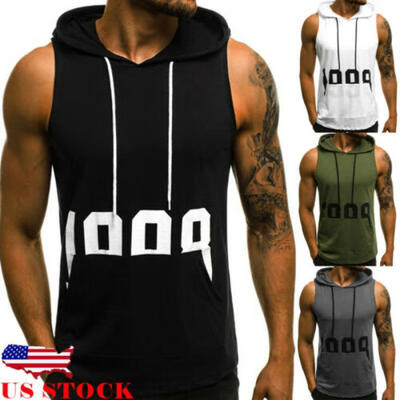 

US Mens Muscle Hoodie Tank Top Bodybuilding Gym Workout Sleeveless Vest T-shirt