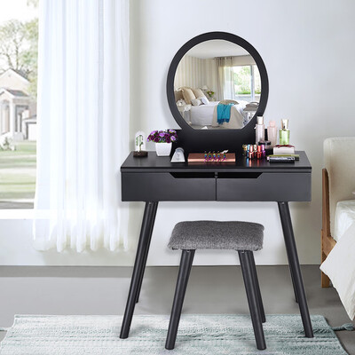 

Gobestart Round Mirror 2 Large Sliding Drawers Makeup Dressing Table with Cushioned Stool