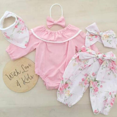 

3PCS Newborn Baby Girls Tops Romper Floral Pants Headband Outfits Set Clothes