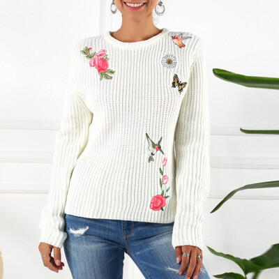 

Tailored Women O Neck Solid Long Sleeve Embroidery Knitted Sweaters Casual Blouse Tops