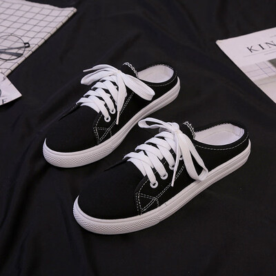 

Small white shoes women 2019 spring half canvas shoes Joker summer Korean students without a heel pedal loafers