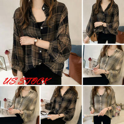 

US Womens Long Sleeve Button Plaid T Shirts Ladies Baggy Loose Blouse Tops M-4XL