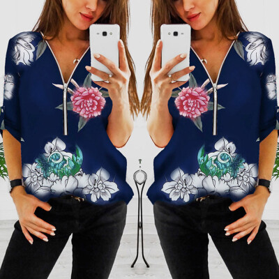 

Nomeni Women Ladies Floral Zipper V Neck Half Sleeve Summer Blouse Tee Shirts Tops