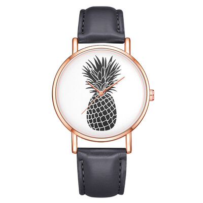 

Fashion Womens Watches Black Pineapple Pattern Rose Gold Frame Disc Ladies Quartz Wristwatch Leather Strap Clock Kol Saati