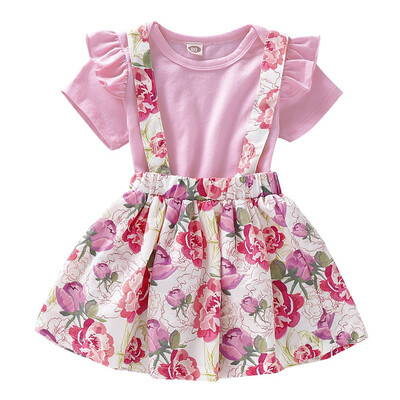 

2PCS Newborn Baby Girls Ruffle Tops Floral Strap Skirt Kids 3Pcs Dress Outfits Set
