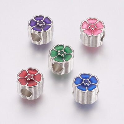 

Alloy European Beads Large Hole Beads with Enamel Flower Platinum Mixed Color 9x10mm Hole 42mm