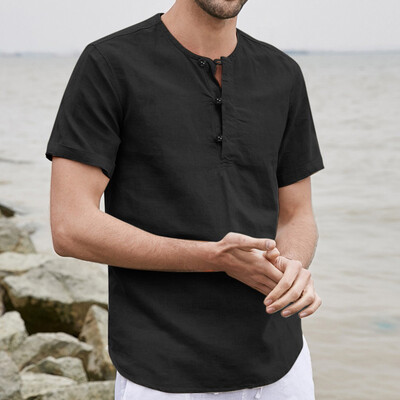 

Toponeto Mens Baggy Cotton Linen Button Solid Short Sleeve O-Neck T Shirts Tops Blouses