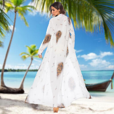 

Fashion Women Leopard Print Chiffon Cardigan Bikini Cover Up Long Sleeve Beach Boho Outwear Maxi Coverups