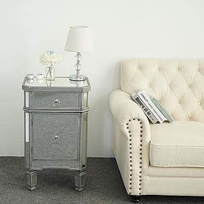 

Nightstand Bedside End TableStorage Accent Chest 1 Drawer 1 Cabinet Mirror Finish Silver