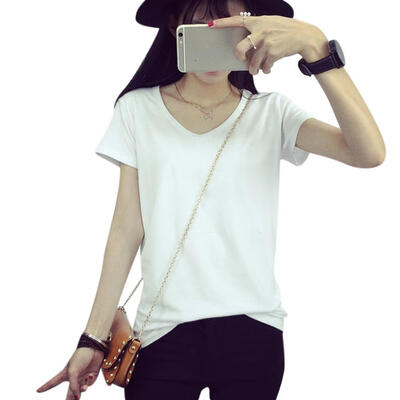 

Women Solid Color Cotton T Shirt Sexy V Neck Summer Short Sleeve Basic Tee