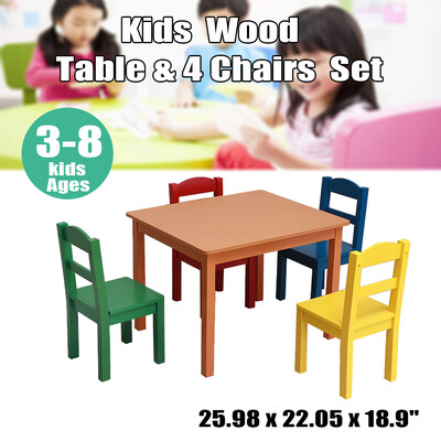 

4 Chairs Kids Wood Table Play Set Child Activity Multicolor Desk Room Furniture