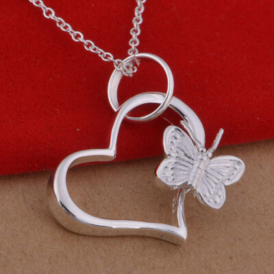 

Casual 925 Fashion Silver Jewelry Butterfly Heart Pendants Necklace for Women\Men Chain