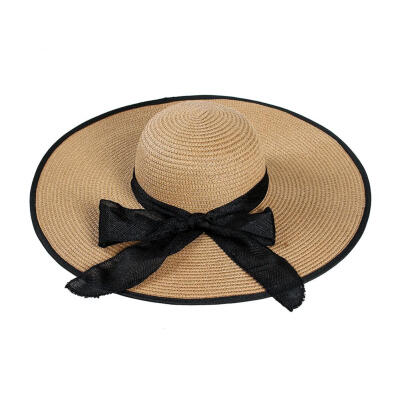 

Bowknot Decor Large Brim Straw Cap for Women Summer Beach Visor Hat Sun Cap