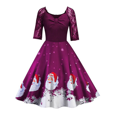 

Gobestart Christmas Women Half Sleeve Lace Patchwork Printing Vintage Gown Party Dress