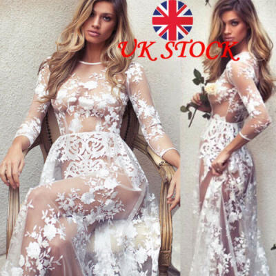 

UK Sexy Women Mesh Sheer Bodycon Lace Long Dress Party Evening Cocktail Dresses